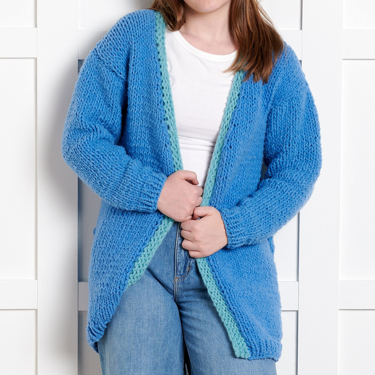 Bernat Beginner Cozy Vibes Knit Cardigan Pattern | garter stitch, ribbed