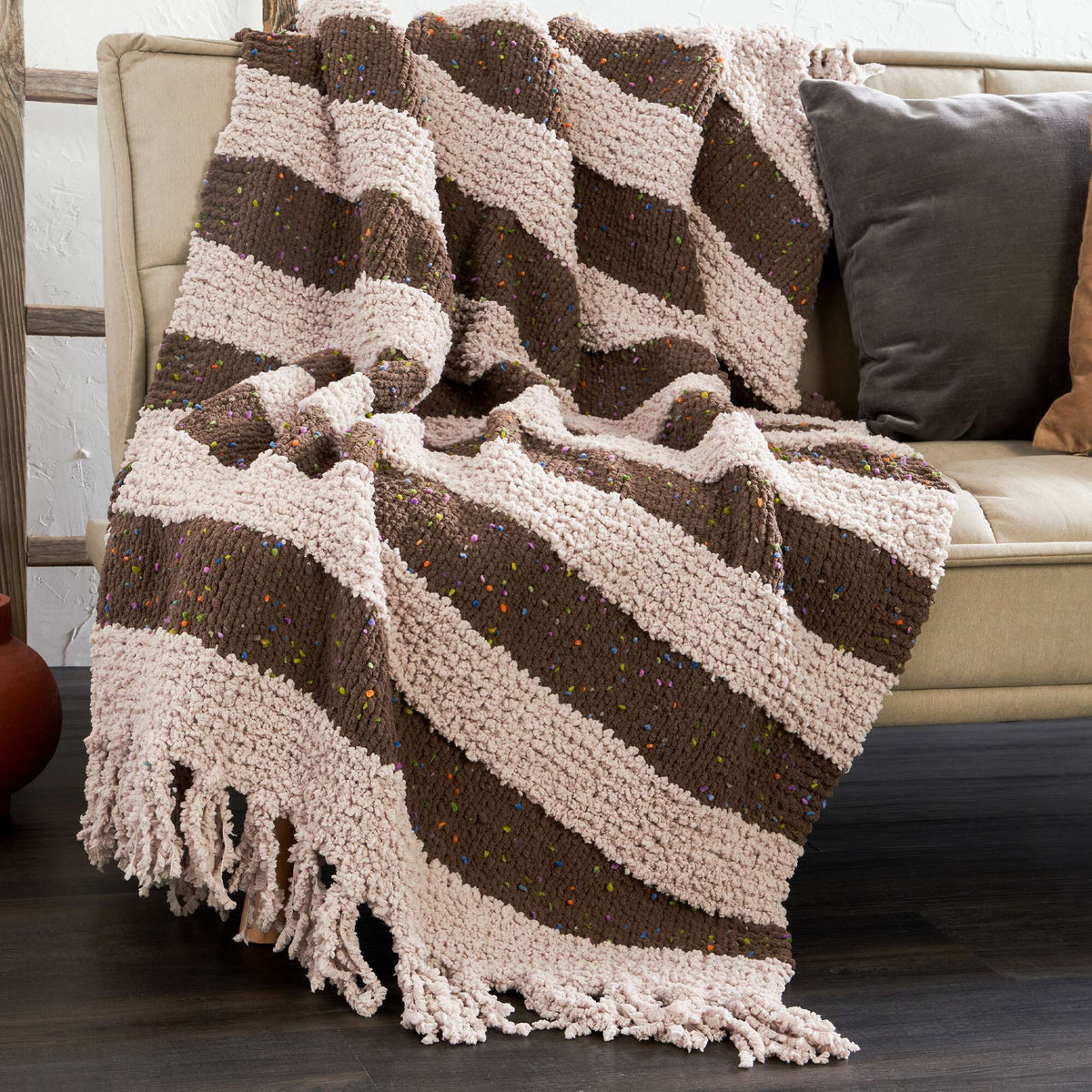 Bernat Let's Stripe it Cozy Knit Throw Pattern | garter stitch, fringe