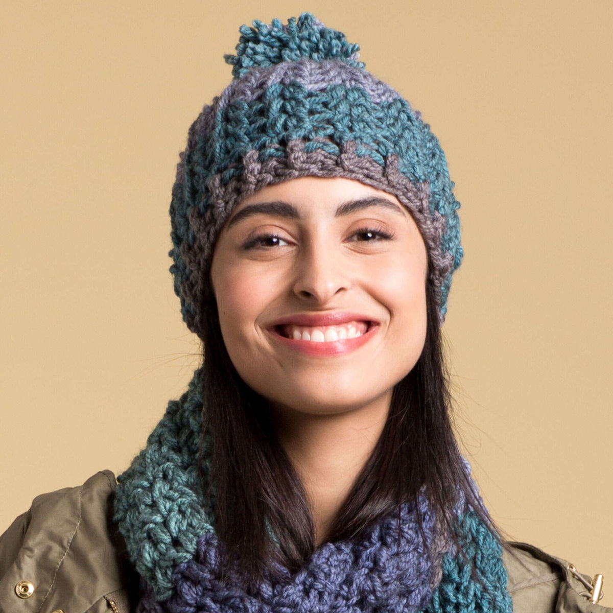 Caron Crochet Winter Hat Pattern | Tea Cakes, self-striping, textured