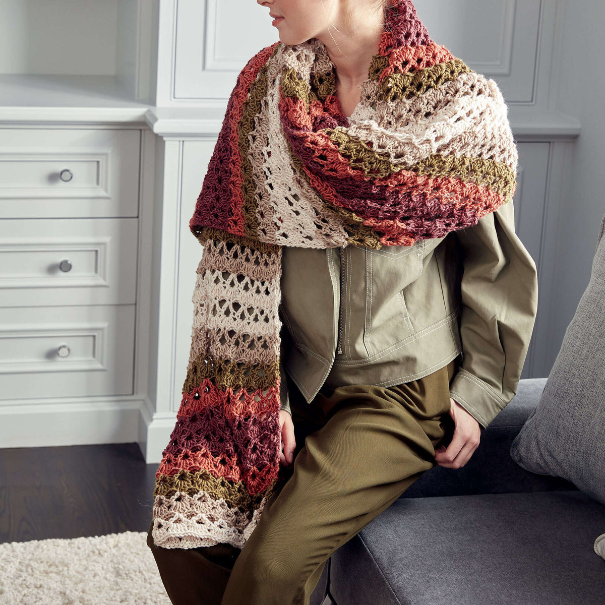 Caron x Pantone Striping Shells Crochet Shawl Pattern | Bamboo, gift