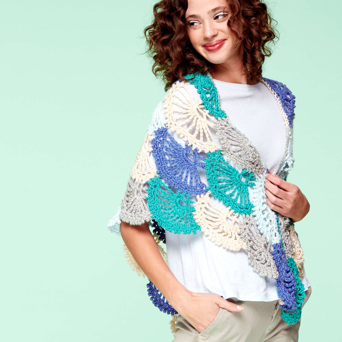 Caron x Pantone Lace Fans Crochet Shawl Pattern | Bamboo, textured, shades