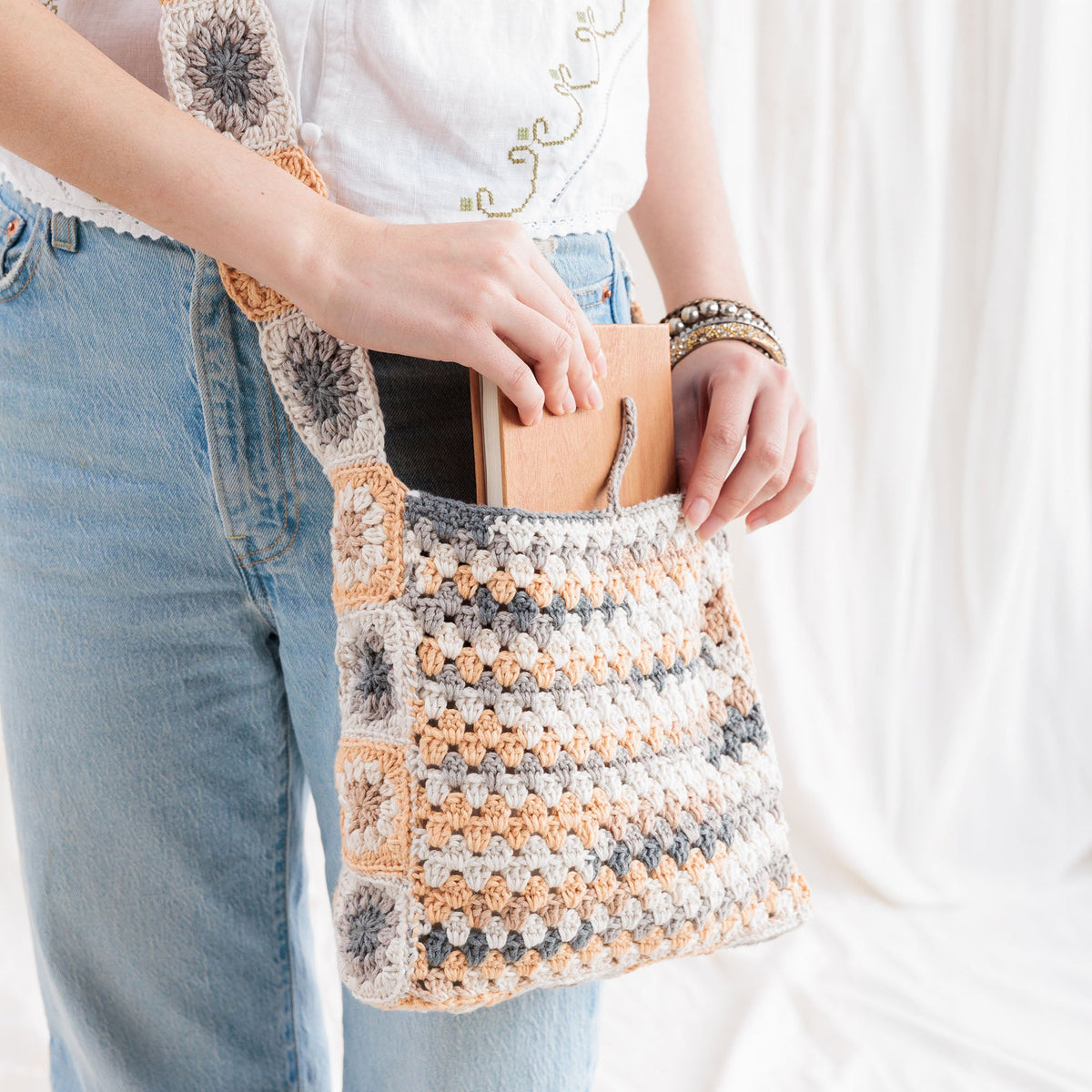 Caron Crochet Tie Top Tote Pattern | granny stitch, shades, motifs