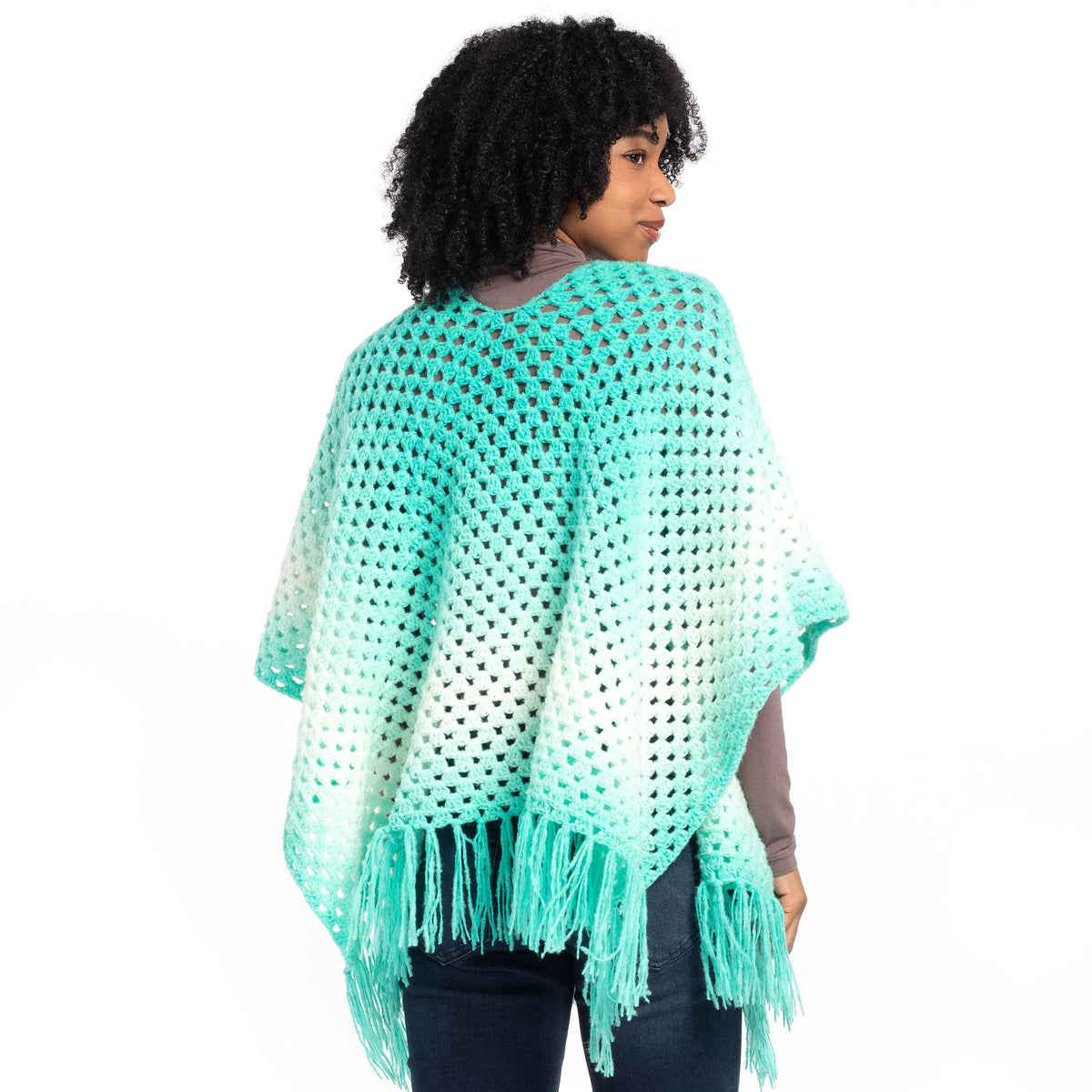Caron Crochet Ethereal Gradient Ruana Pattern | granny stitch, fringe