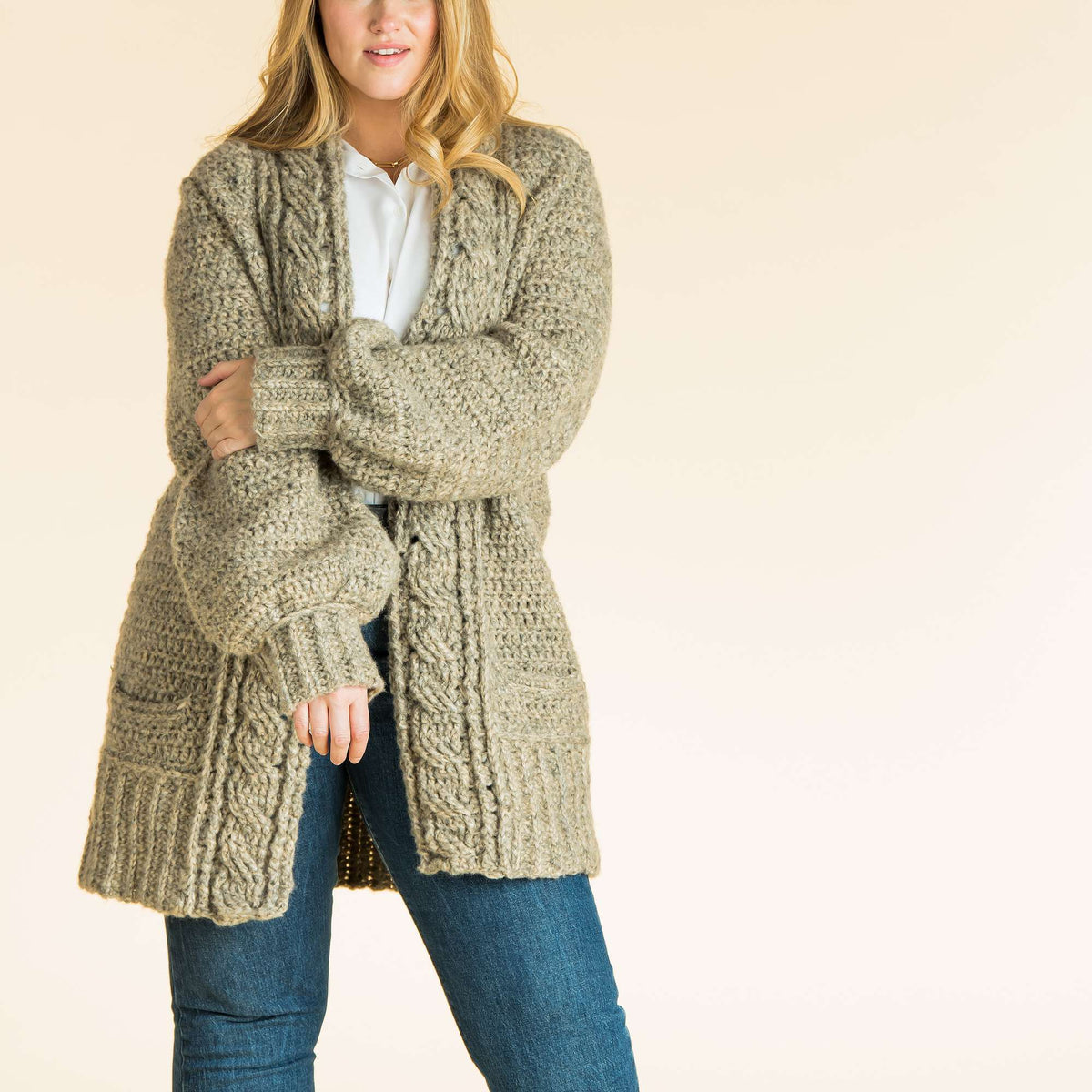 Patons Cozy Cabled Crochet Cardigan Pattern | ribbing, back loop, sleeves