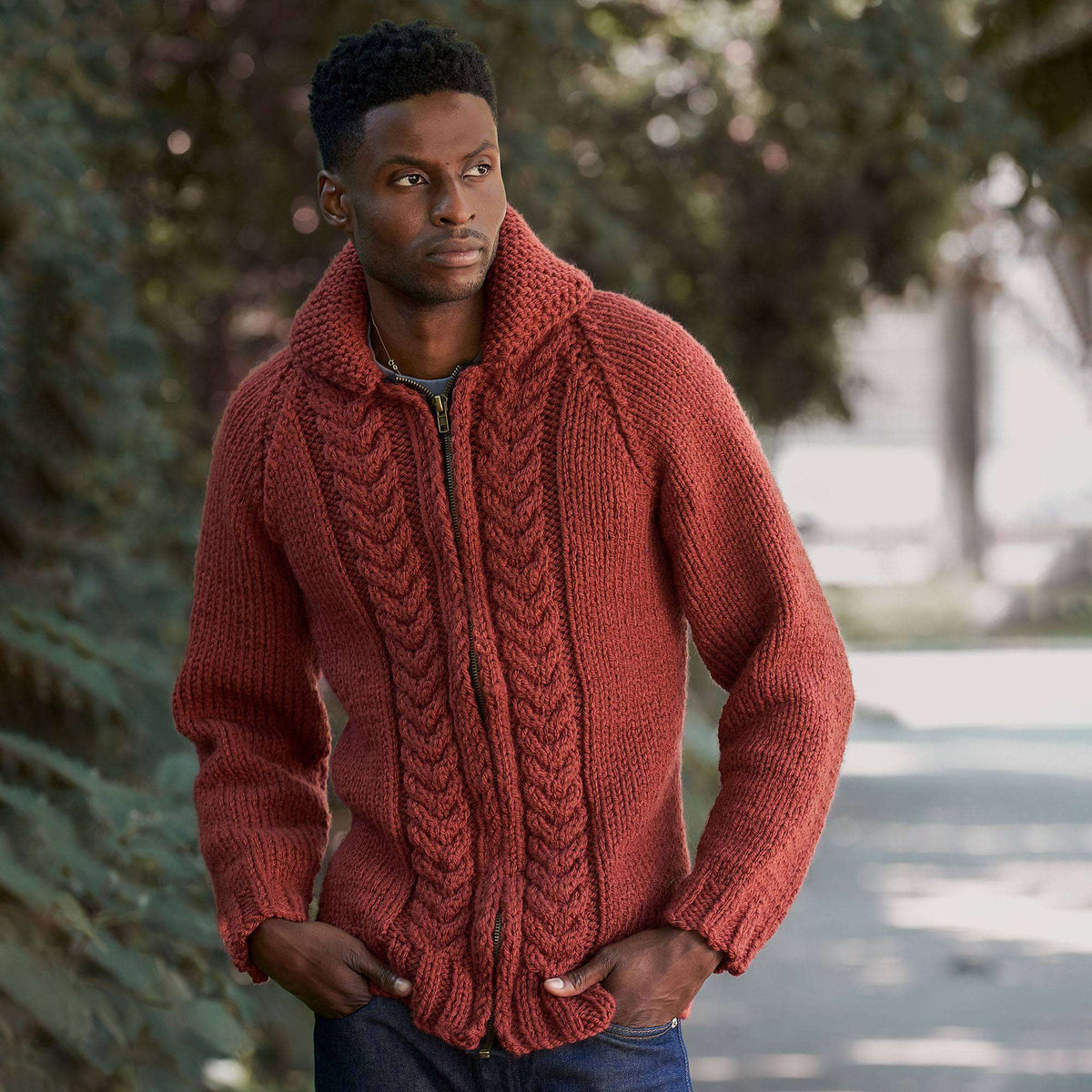 Patons Yorkview Knit Zipper Cardigan Pattern | cables, gift, bulky