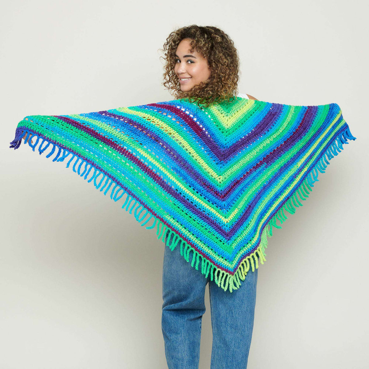 Red Heart Crochet Fringe Shawl Pattern | gift, stripes, shades