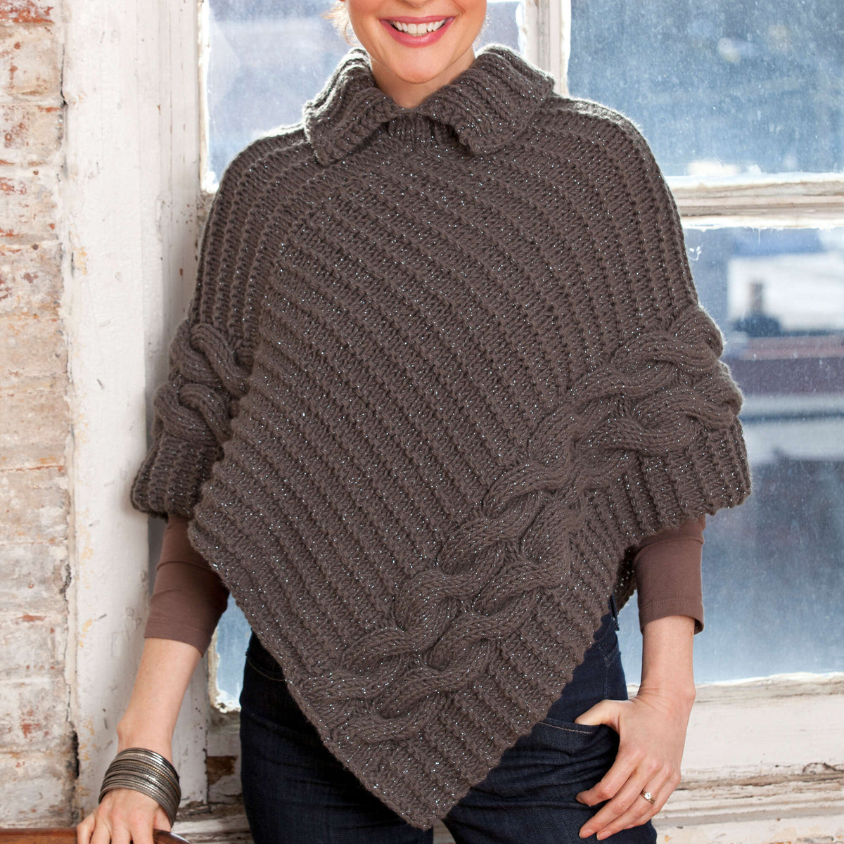 Red Heart Knit Cabled & Collared Poncho Pattern | cable, Shimmer