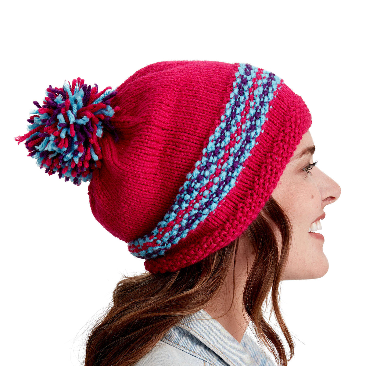 Red Heart Rainbow Knit Hat Pattern | seed stitch, stripes, colors