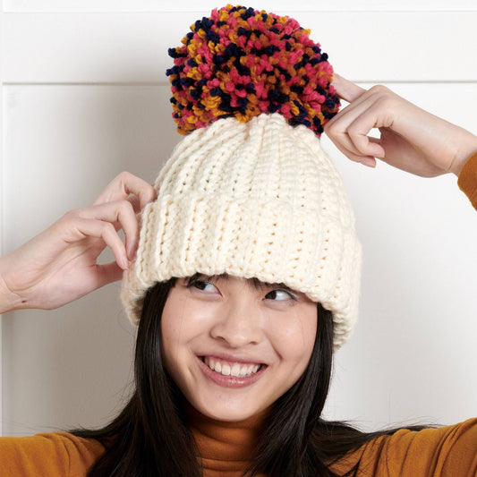 Bernat Beginner Pom On Top Crochet Beanie Pattern | back loop, sewing, Hats