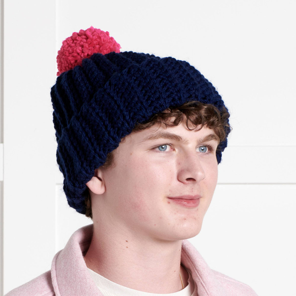 Bernat Beginner Pom On Top Crochet Beanie Pattern | back loop, sewing, Hats