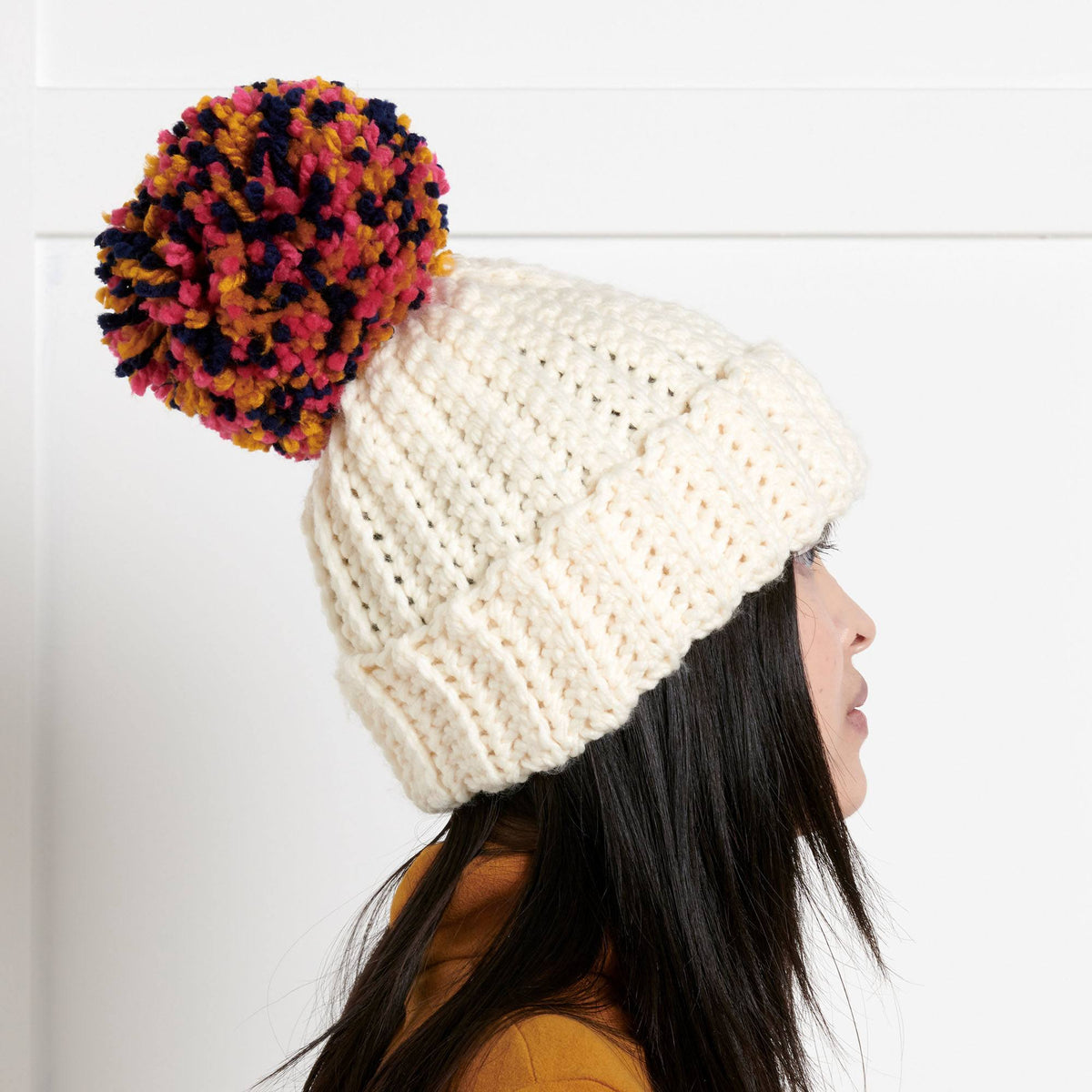 Bernat Beginner Pom On Top Crochet Beanie Pattern | back loop, sewing, Hats