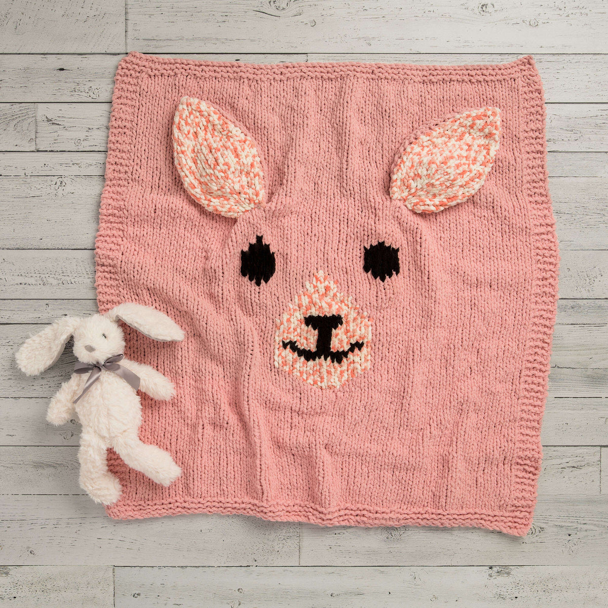 Bernat Snuggly Knit Bunny Blanket Pattern | stocking stitch, intarsia, ears