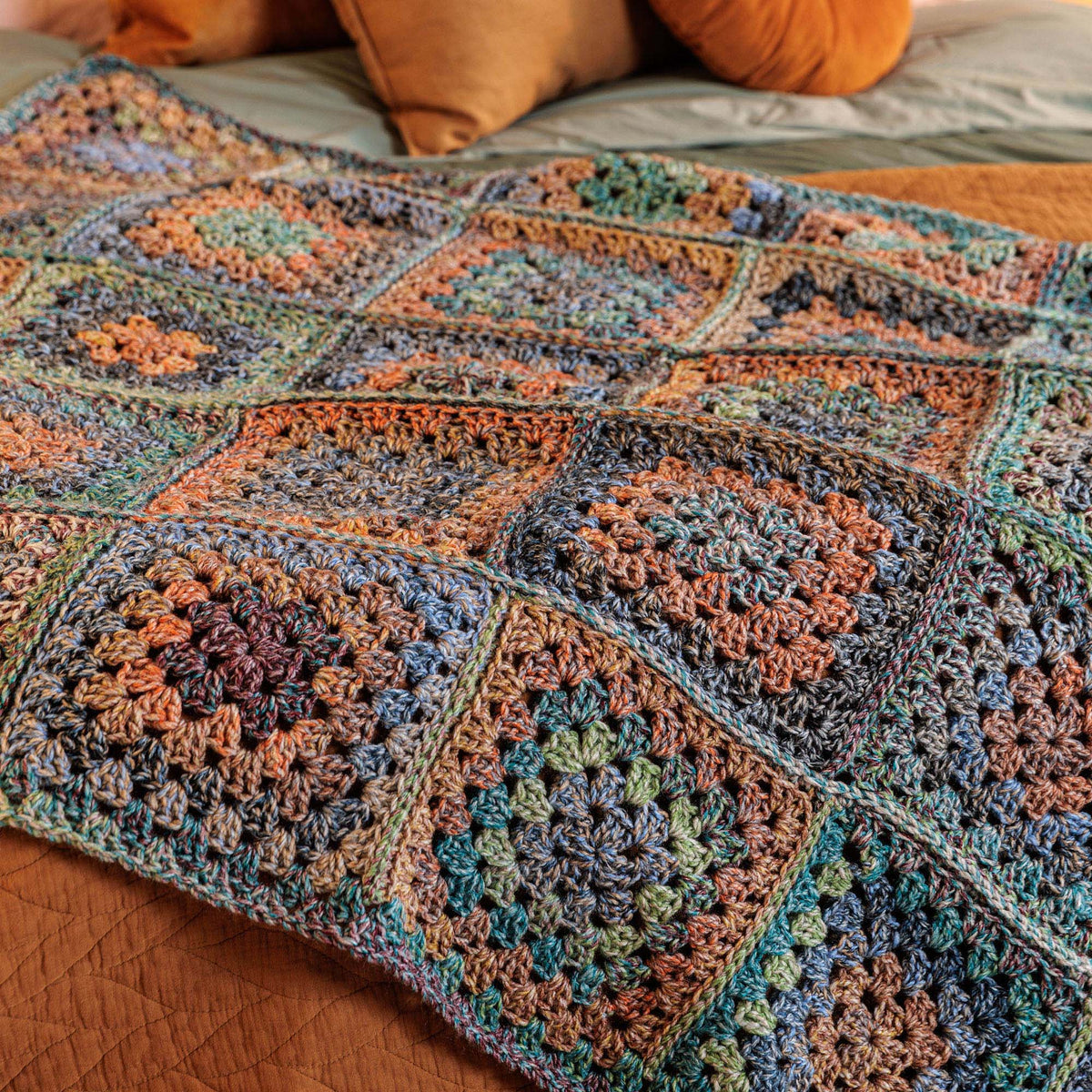 Bernat Patchwork Homestead Crochet Granny Blanket Pattern | shades, motifs