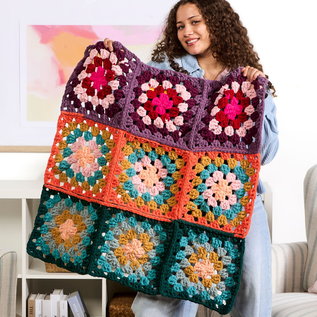 Bernat Crochet Granny Square Bright Baby Blanket Pattern | gift, shades