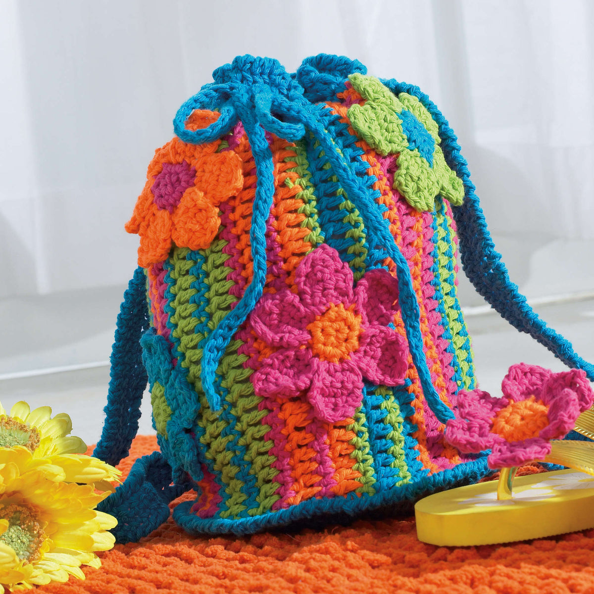 Bernat Crochet Striped Drawstring Tote Pattern | shades, Bags/Purses