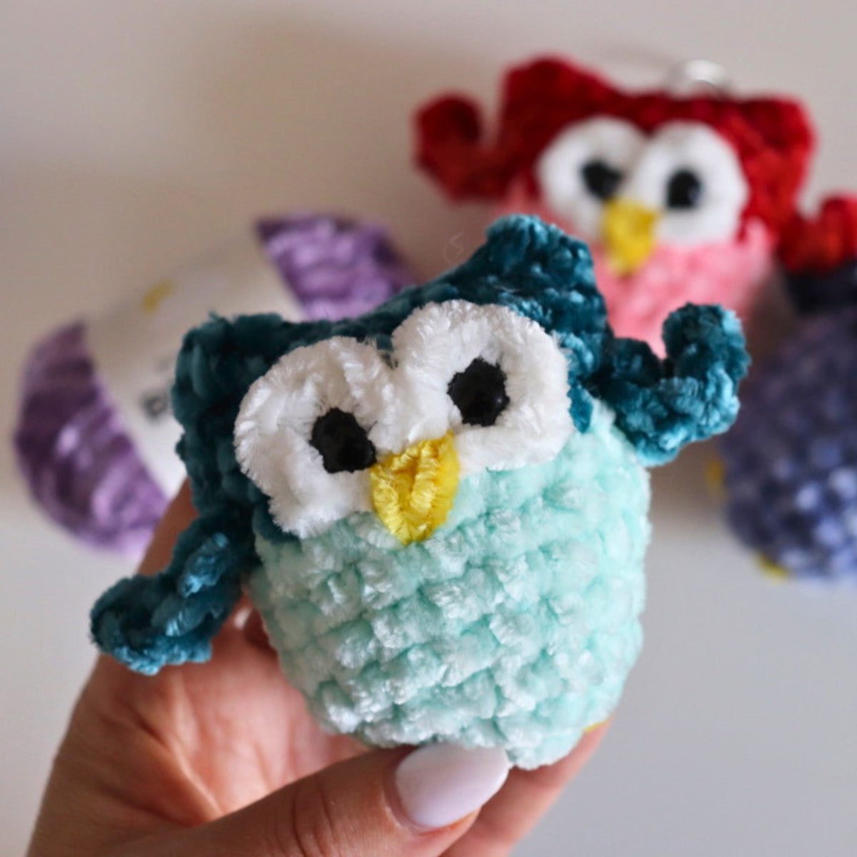 Bernat Crochet Mini Owl Keychain Pattern | plush, party favors, shades