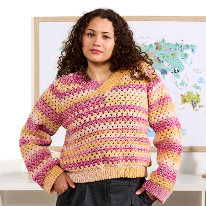 Bernat Granny V-Neck Crochet Sweater Pattern | ribbing, yoke, colors