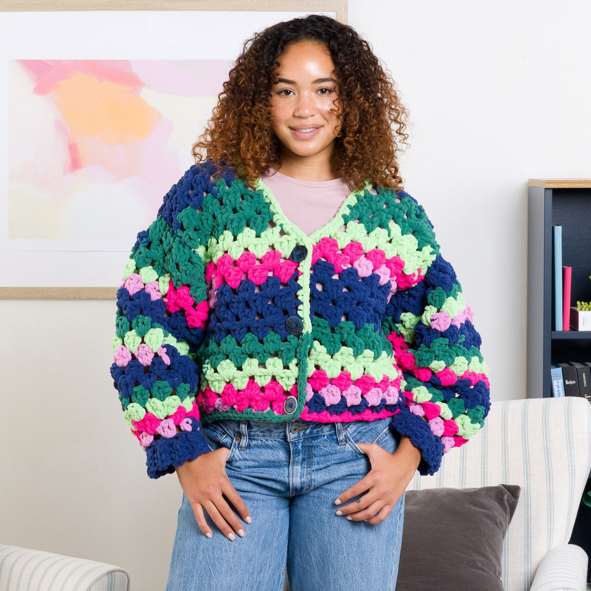 Bernat Crochet Granny Comfy Cardigan Pattern | back loops, motifs, colorful