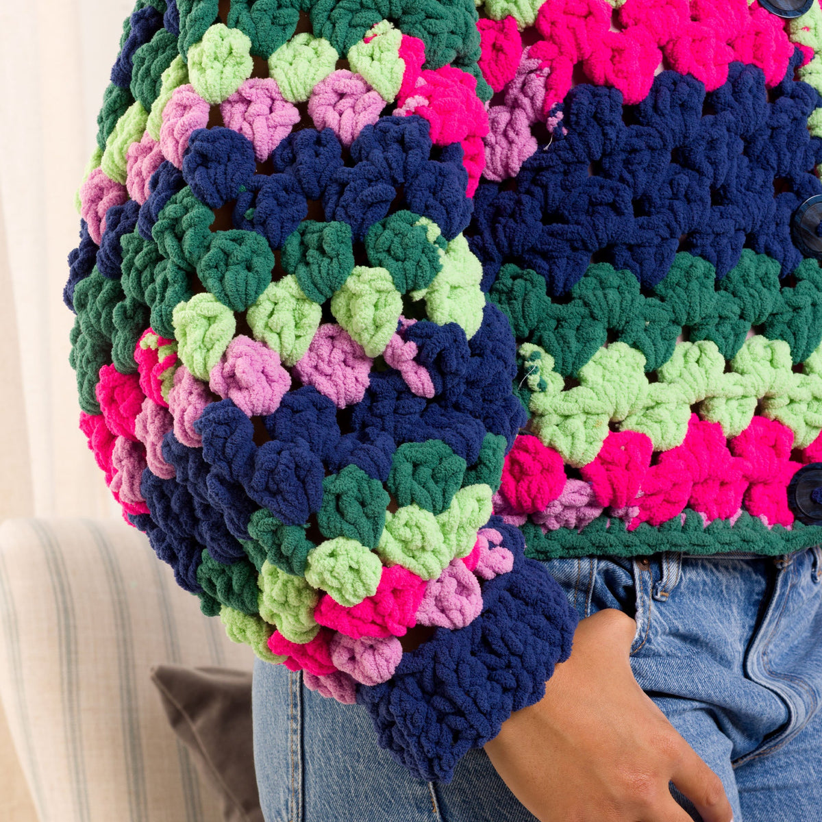 Bernat Crochet Granny Comfy Cardigan Pattern | back loops, motifs, colorful