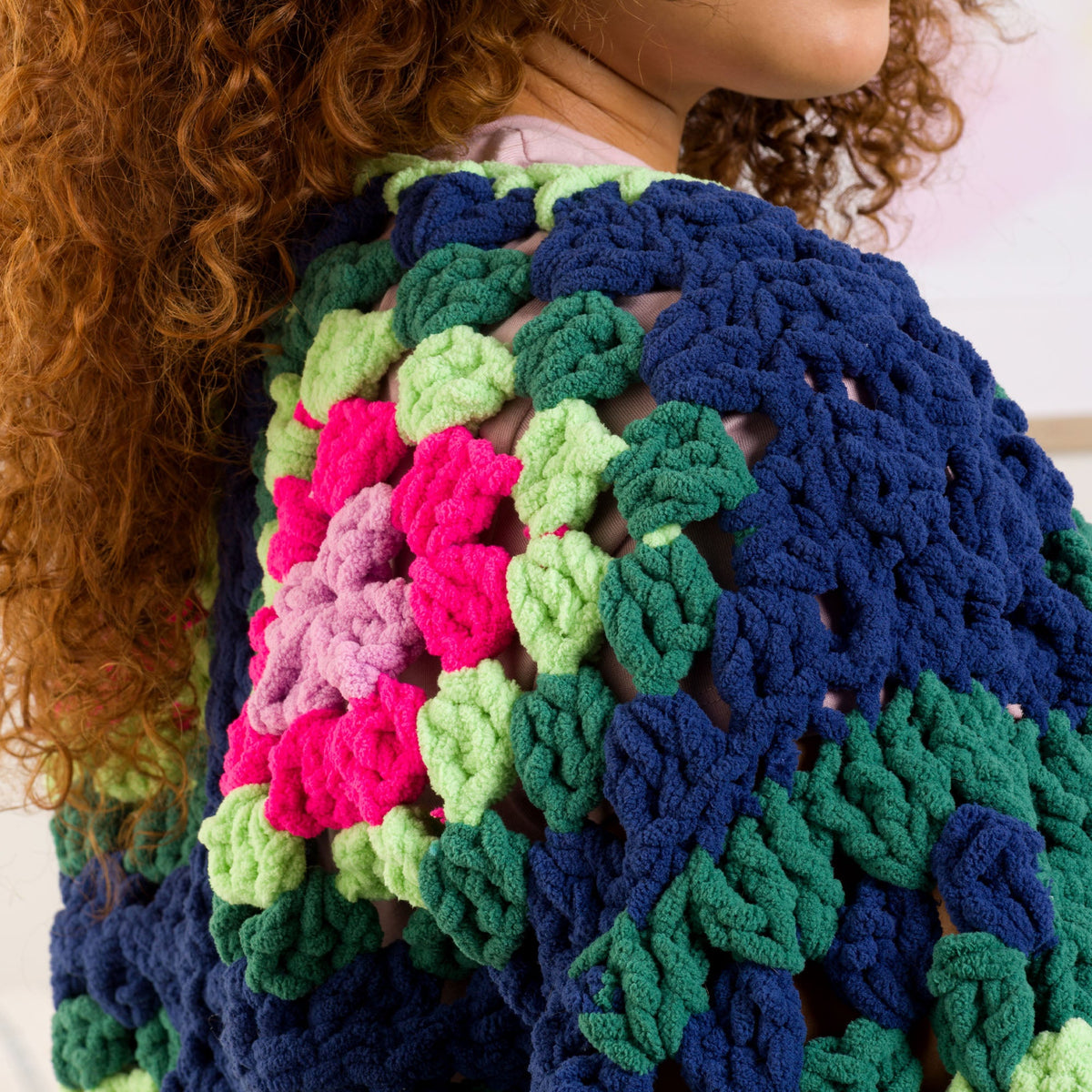Bernat Crochet Granny Comfy Cardigan Pattern | back loops, motifs, colorful