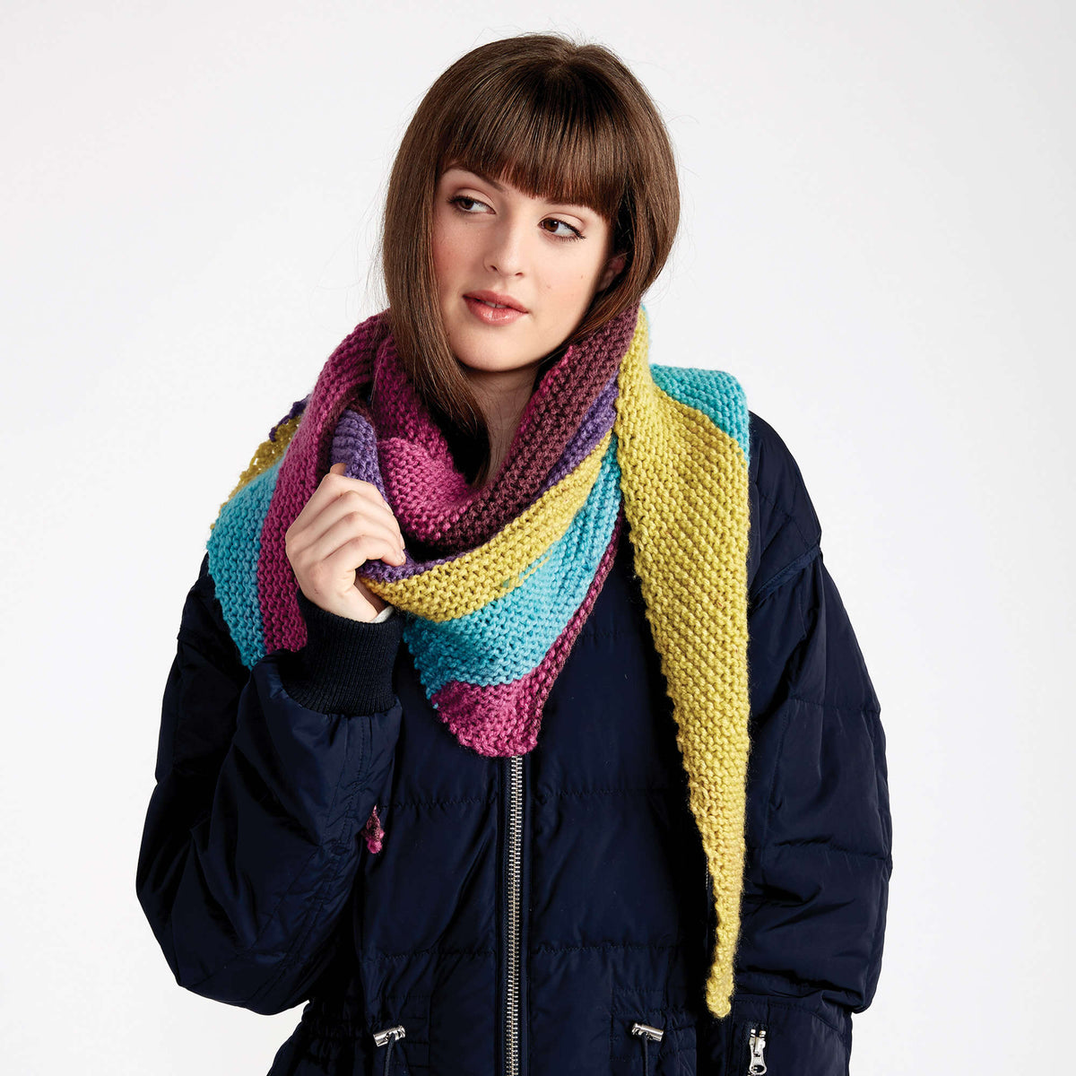 Bernat Knit Triangle Shawl Pattern | Pop, self-striping, colorful