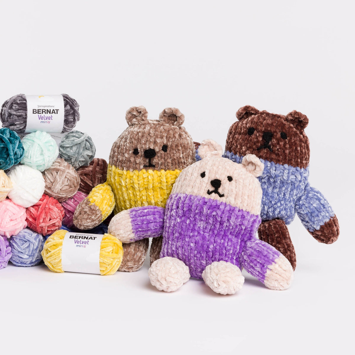 Bernat Knit Velvet Bears Pattern | stocking stitch, seamed, embroidery