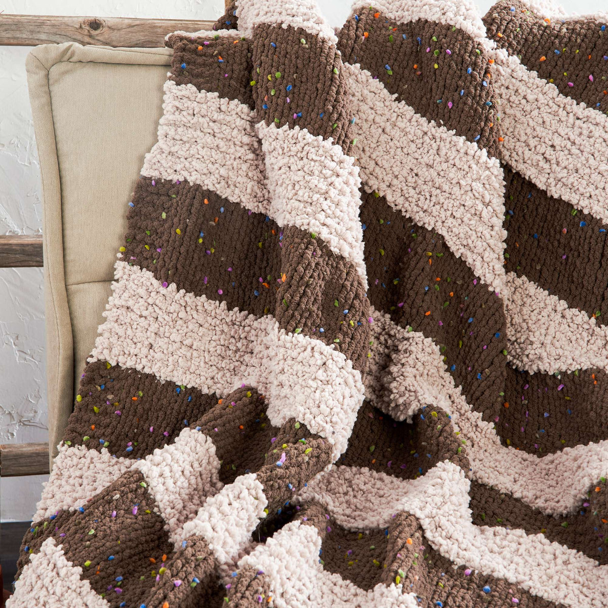 Bernat Let's Stripe it Cozy Knit Throw Pattern | garter stitch, fringe