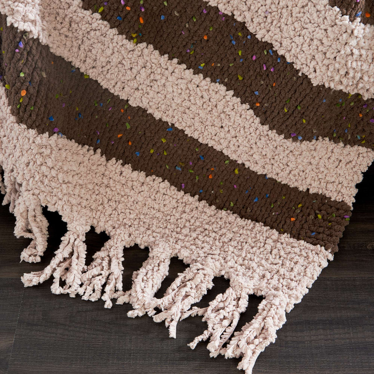 Bernat Let's Stripe it Cozy Knit Throw Pattern | garter stitch, fringe