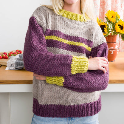 Bernat Cloudy Day Knit Sweater Pattern | stocking stitch, ribbing, colors