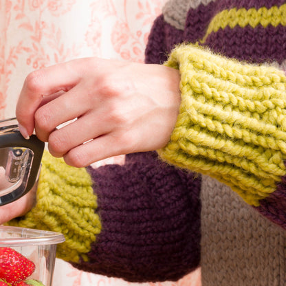 Bernat Cloudy Day Knit Sweater Pattern | stocking stitch, ribbing, colors