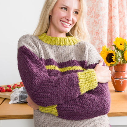 Bernat Cloudy Day Knit Sweater Pattern | stocking stitch, ribbing, colors