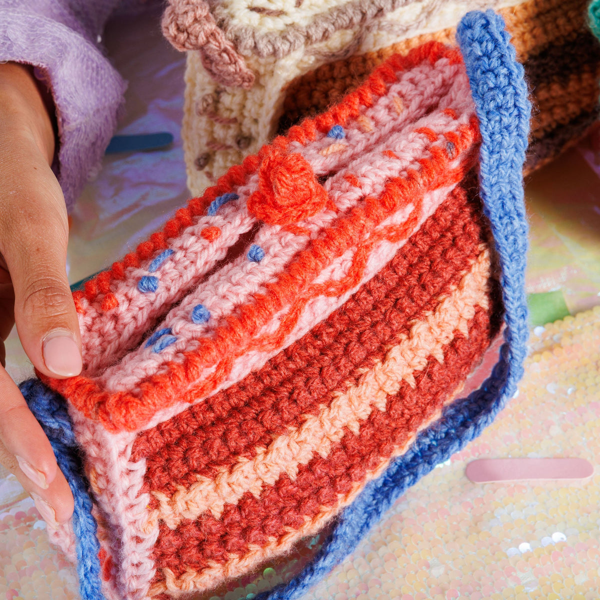 Caron Crochet Birthday Cake Bag Pattern | slip stitch, embroidery, shades