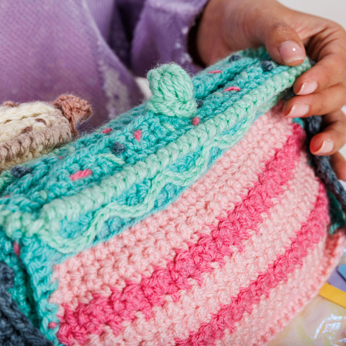 Caron Crochet Birthday Cake Bag Pattern | slip stitch, embroidery, shades