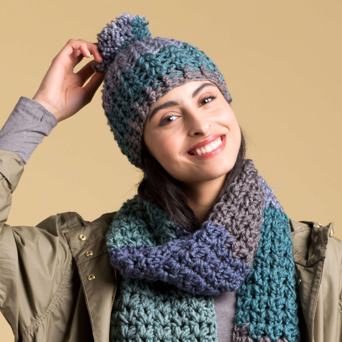 Caron Crochet Winter Hat Pattern | Tea Cakes, self-striping, textured