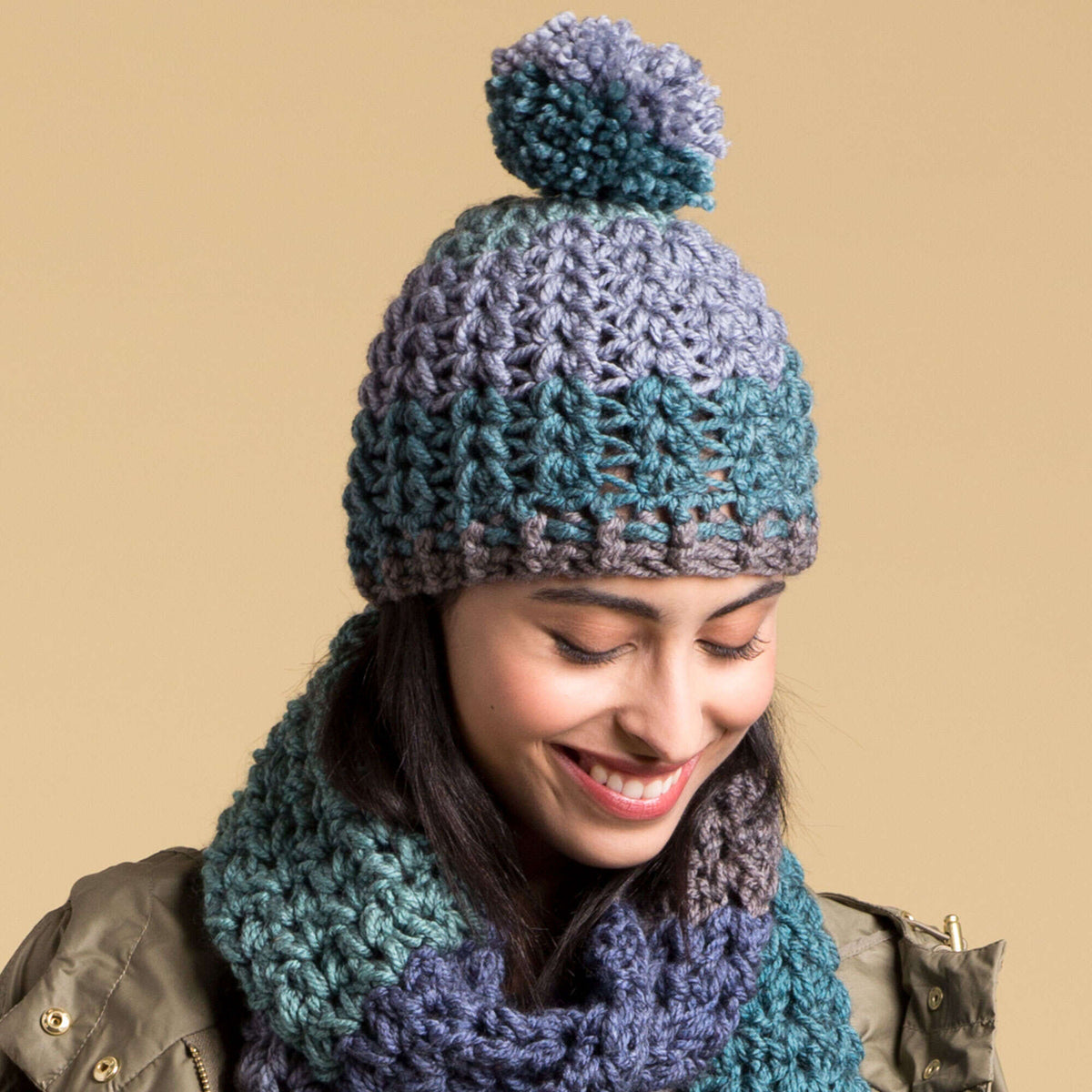 Caron Crochet Winter Hat Pattern | Tea Cakes, self-striping, textured