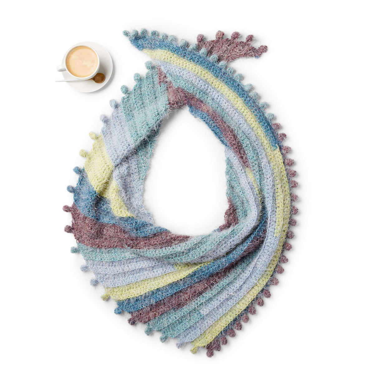 Caron Crochet Bobble Fringe Shawl Pattern | Latte Cakes, stripes, colorful