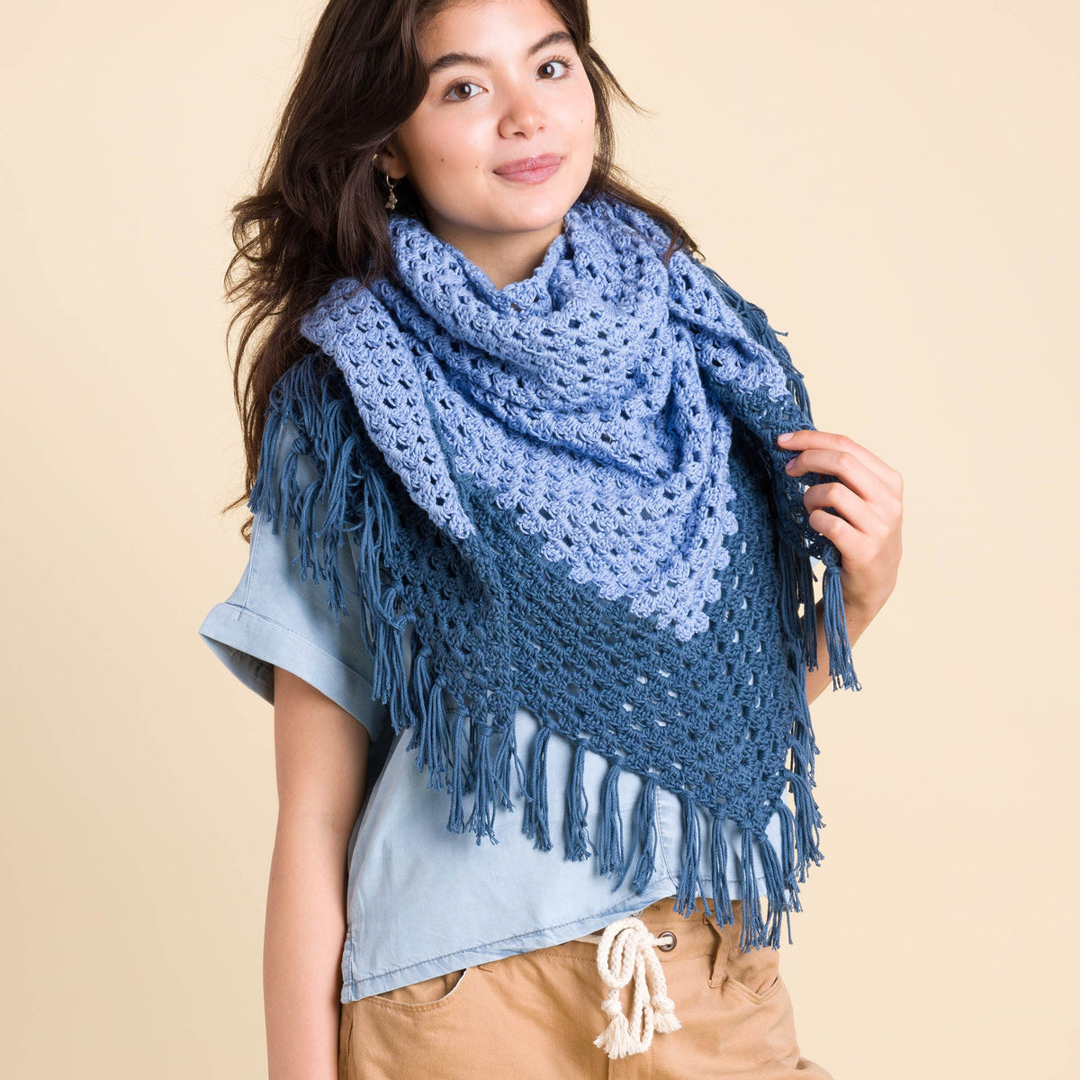 Caron Going Granny Crochet Shawl Pattern | colors, shades, fringe
