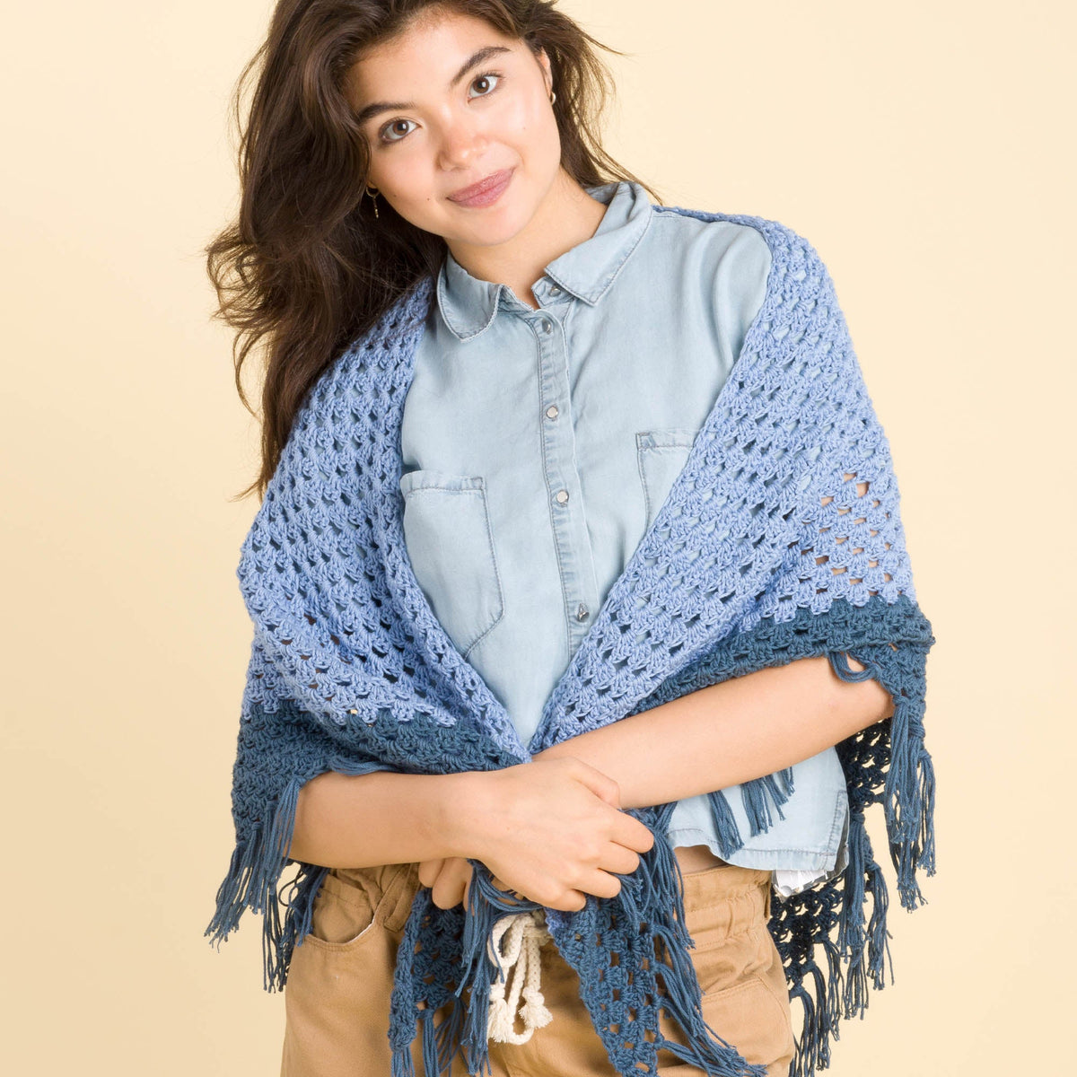 Caron Going Granny Crochet Shawl Pattern | colors, shades, fringe