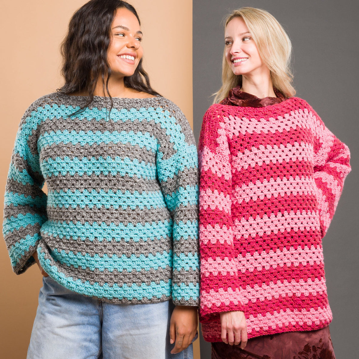 Caron Statement Stripes Crochet Pullover Pattern | granny stitch, shades