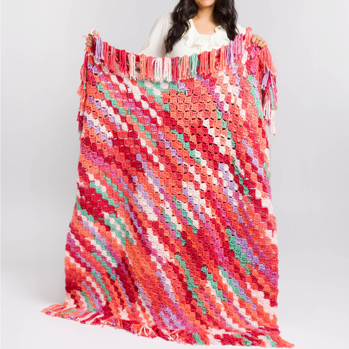 Caron From Here to There Crochet Blanket Pattern | colors, shades, fringe