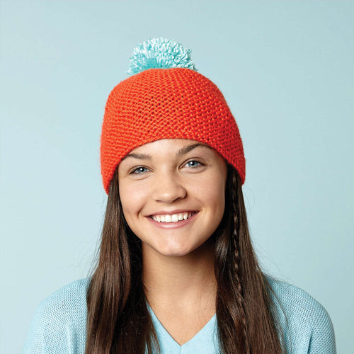 Caron Knit Beanie with Bright Pompom Pattern | Simply Soft, shades, Hats