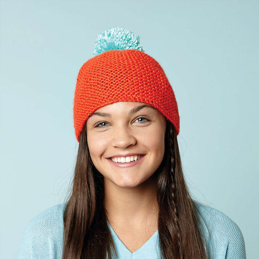Caron Knit Beanie with Bright Pompom Pattern | Simply Soft, shades, Hats