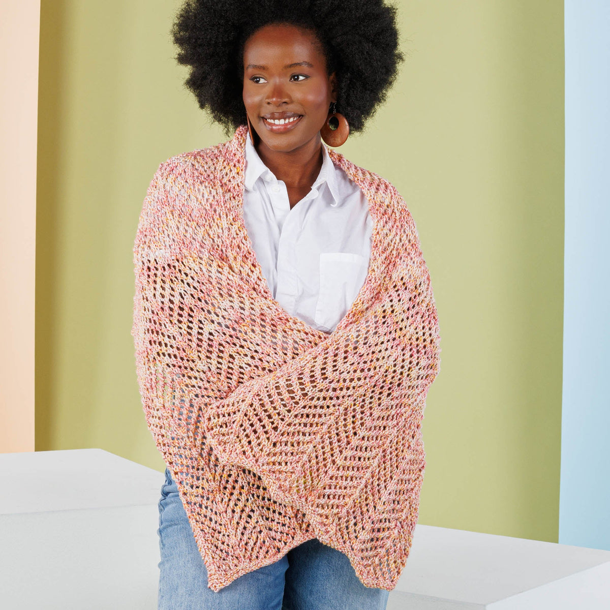 Caron Open Chevron Knit Shawl Pattern | Simply Me Mosaic, gift