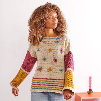 Caron Spring Style Embroidered Knit Pullover Pattern | embroidery, sleeves