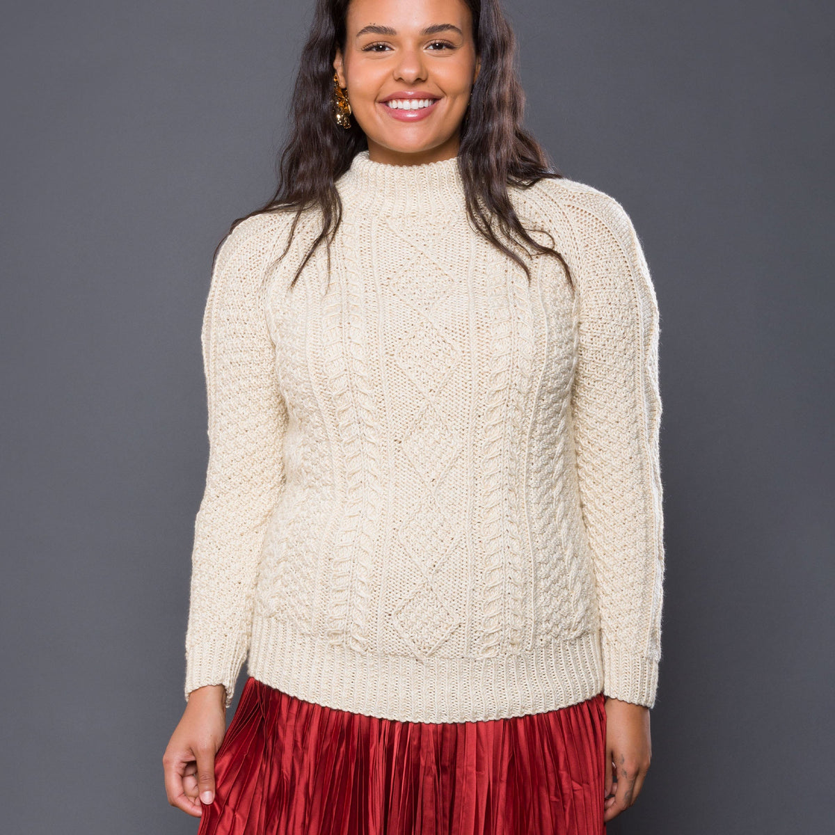 Caron Country Cables Knit Pullover Pattern | seaming, decreases, sleeves