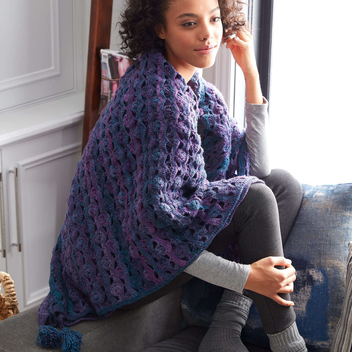 Patons Wrapped In Waves Crochet Blanket Shawl Pattern | shell stitch, gift