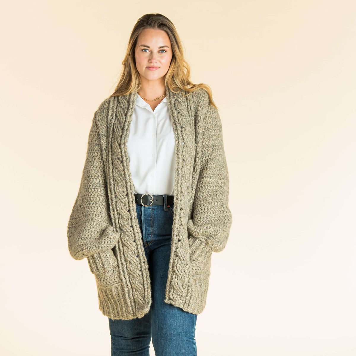 Patons Cozy Cabled Crochet Cardigan Pattern | ribbing, back loop, sleeves
