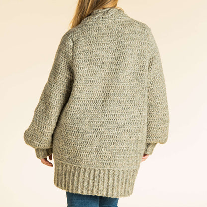 Patons Cozy Cabled Crochet Cardigan Pattern | ribbing, back loop, sleeves