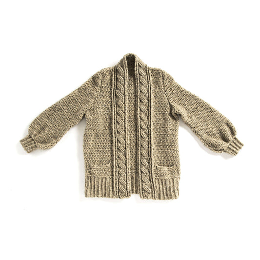 Patons Cozy Cabled Crochet Cardigan Pattern | ribbing, back loop, sleeves