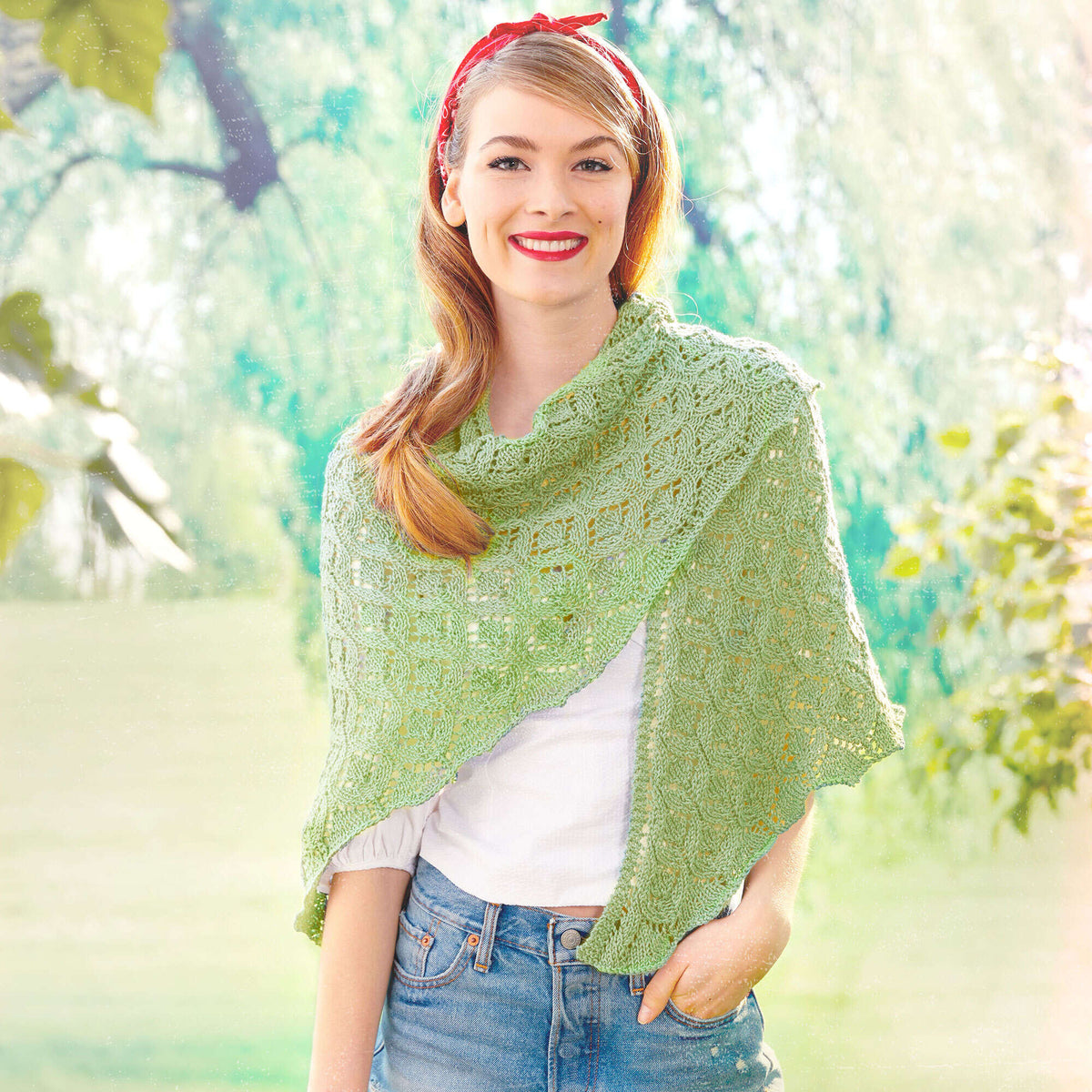 Patons Pastoral Lace Knit Shawl Pattern | stocking stitch, motif